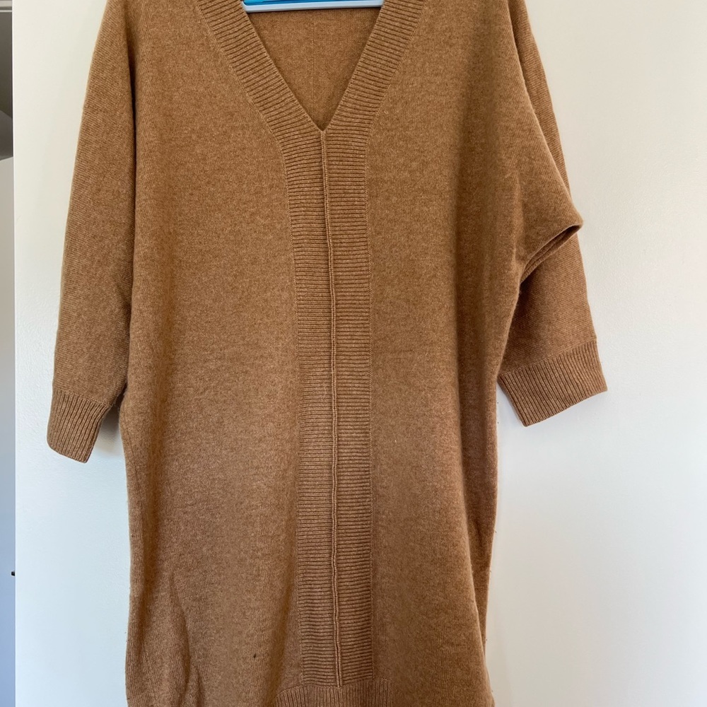 Italian cashmere V-neck dress in caramel